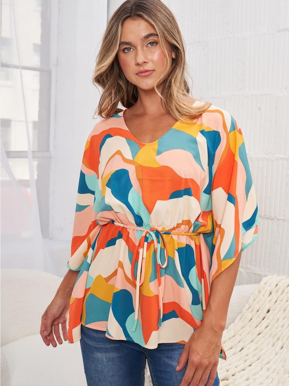 Large Vibrant Multi-Color Tie-Waist Top